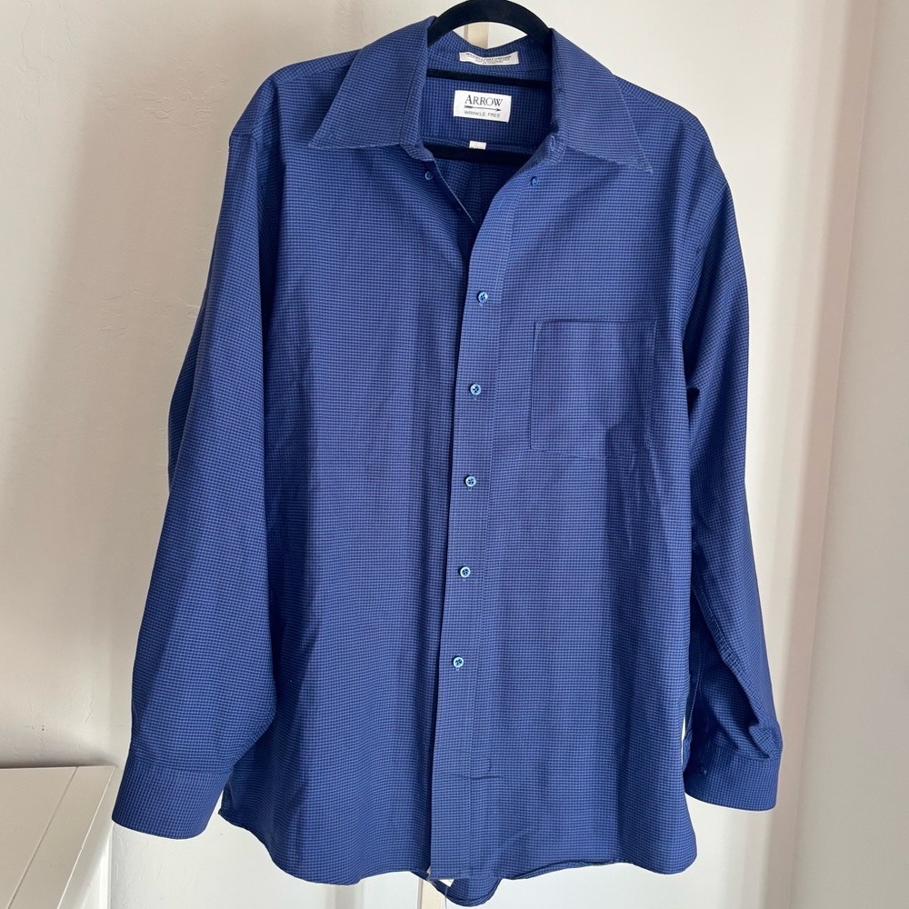 Arrow Wrinkle Free Oxford Blue Grid Print Long sleeve Button Down, 17 34/35
